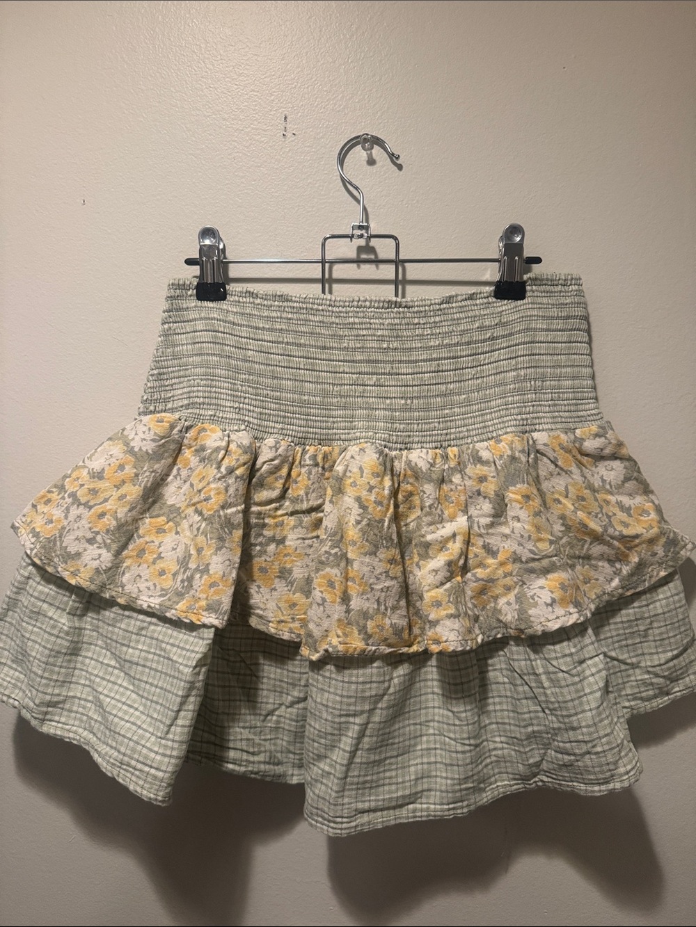 American Eagle Outfitters Sage Gingham & Yellow Floral Tiered Skirt